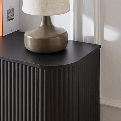 64" Modern TV Stand Sideboard Storage Cabinet, Wooden Curved TV Console with Sliding Doors, Wave Pattern Buffet Cabinet Wooden Vertical Striped Table for Kitchen/Bedroom/Entryway (Black) - color: Black