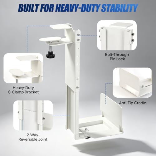 TooCust Adjustable Under Desk PC Mount, Heavy Duty No Drilling Clamp Mount on Desk Fits Most PC Tower 14.5”-22.4” (H) , Thickened & Ultra Strong CPU Holder for Standing Desk & Home Office, White - color: White