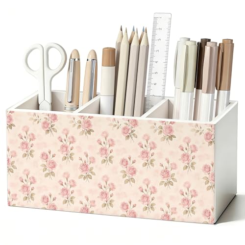 Pink Rose Flower Pen Pencil Holder for Desk, Cottagecore Pink Floral Botanical Wooden Box Sign Decorations for Home Office Girls Room Bedroom Desk Tabletop - color: 04-Pink Rose Flower(white)