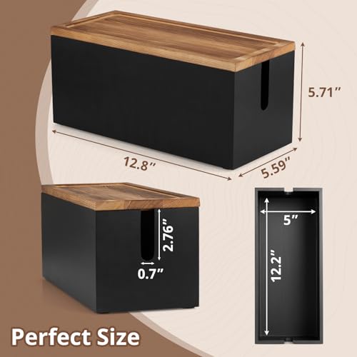Wood Cable Management Box - Cable Organizer Box - 2 Open Slots Cords Hider Box - Under Desk Cord Organizer for Power Strip Extension Cord Surge Protector Charger Wire, Black - color: Black, size: Medium
