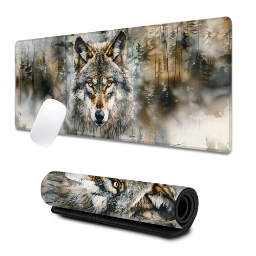 Cool Wolf Large Gaming Desk Mat,Rubber Non-Slip Majestic Forest Mouse Pad,31.5x11.8x0.12in Extended Wildlife Mousepad,Game Lover Mice Pads Gifts,Office Home Deskmat Decor - color: Wolf