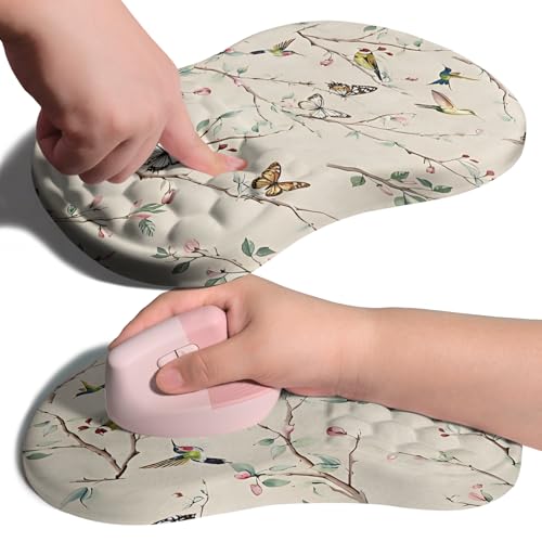 Ergonomic Joint Wrist Support Mouse Pad with Memory Foam Cushion Massage Bump, Carpal Tunnel Pain Relief Mousepad Slope Design for Wrist Rest, 11.8x7.9 in, Butterfly Hummingbird - color: Butterfly Hummingbird