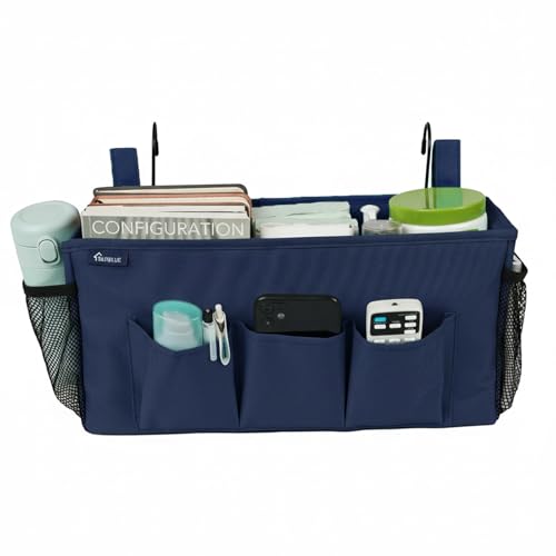 Surblue Bedside Organizer with Hook Bedside Caddy Hanging Storage Bag with Adjustable Straps and Water Bottle Holder for Home College Dorm Bunk Bed Accessories, Crib Bed Rails, Hospital Bed，Navy - color: Navy