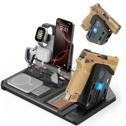 ONNAIS EDC Organizer with Detachable Quick-Access Gun Trigger Lock | Gift for Men; Desk & Nightstand Organizer; Biometric PIN Key Access; Pistol Rack; Phone Stand