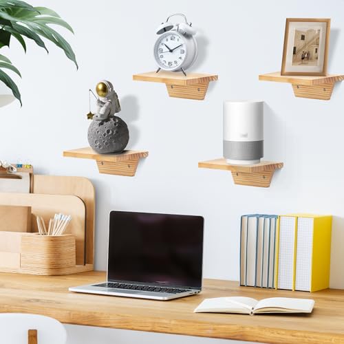 PHOENANCEE Small Floating Shelves,Trapezoid Wall Shelf for Speaker Table Lamp Plants Display,Decorative Wood Ledges Chic for Living Room,Bedroom,Kitchen,Office,Pine,8x6 Inch,2 Pack（Natural Wood） - color: Natural Wood, size: Set of 2