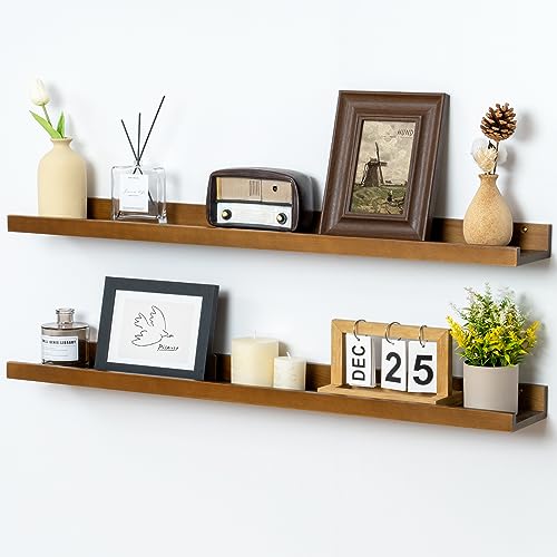 FLYJOE Picture Ledge Wall Shelves 36 inch Width Set of 2, Solid Pine Wood Rustic Floating Ledge Shelves for Wall for Kids' Room Bedroom Kitchen Bathroom Living Room Nursery Display Wall Decor, Walnut - color: Walnut, size: 36'', set of 2