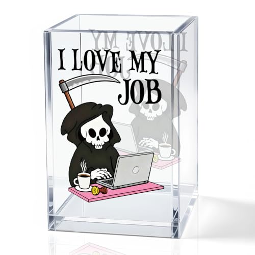 I Love My Job Acrylic Makeup Brush Pencil Holder Cup, Funny Grim Reaper Pen Holder For Friends HR Nurse, Office Sarcastic Gifts for Women Coworker Employees, Gag Gifts for Office Desk - color: black & pink