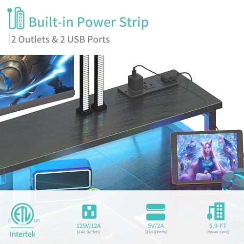 Lufeiya Gaming Desk with LED Lights and Storage Shelves, 47 inch Computer Desk with Power Outlets, Home Office Desk with Monitor Stand, Writing Table PC Desks, Black - color: Black
