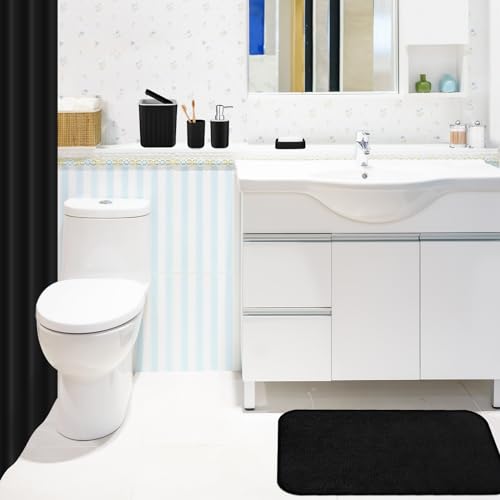 Hosuly 9 Pcs Bathroom Accessory Set Shower Curtain and 12 Hooks Table Trash Can Soap Dispenser Soap Dish Non Slip Bathroom Rugs Cup and Cotton Swab Holder Complete for Bathroom Decor (Black) - size: Black