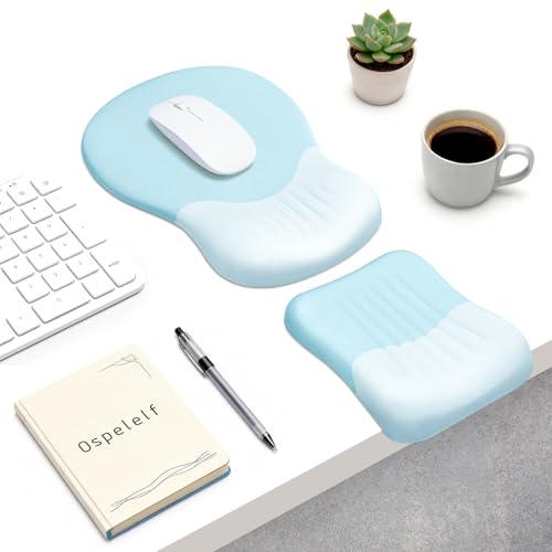 Ospelelf Mouse Pad with Wrist Rest Set Foam L-Shaped Desk Elbow Pad Ergonomic Desk Edge Cushion Anti-Slip Rubber Bottom Office Women Desk Accessories for Computer, Laptop and Gaming, Blue - color: Blue