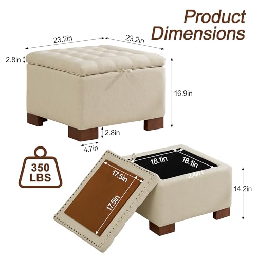 WUTUTUEE 24" Fabric Square Storage Ottoman with Wooden Tray, Modern Tufted Button Footstool Coffee Table, Upholstered Small Ottoman for Living Room, Bedroom, Khaki - color: Khaki, size: 24 Inch