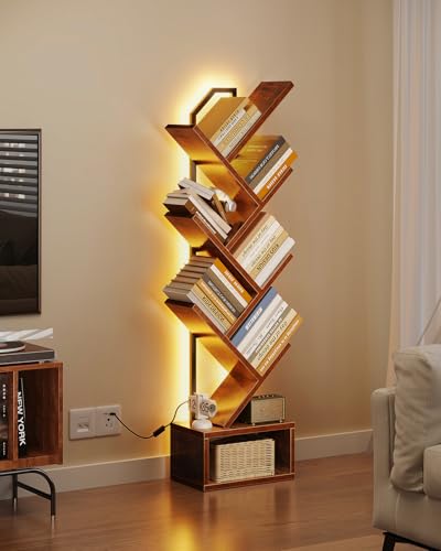 Casaottima Tree Bookshelf with LED Lights, 6-Tier Narrow Bookcase for Small Spaces, Tall Steel & Wood Storage Shelf with Cabinet, Home Decor & Organizer for Living Room/Bedroom/Home Office, Vintage - color: Vintage, size: 6 Tier
