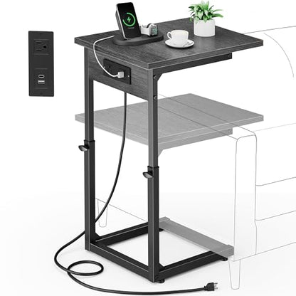 Vagusicc C Shaped End Table with Charging Station, 33" Tall Side Table for Couch, Adjustable Height C Table End Table, Couch Table Slide Under Sofa Table TV Tray Table for Living Room, Gray Walnut - color: Gray Walnut, style: Charging Station