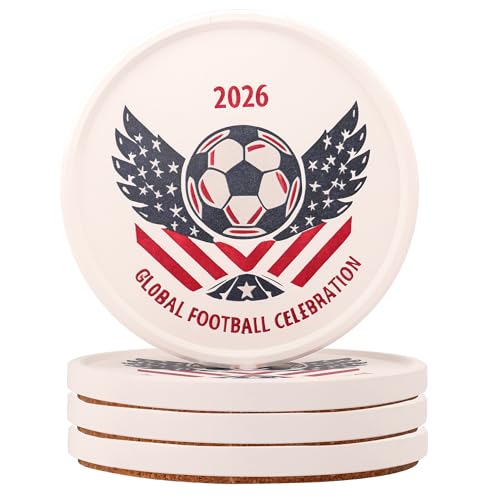 Soccer Theme Drink Coasters Set of 4 for World Cup, Anti-Slip Thick Cork Absorbent Coasters with Raised Edge, Stone Drying Mat for Cups, Sink Tray, Soap Dish & Small Plants (4PACK 4X4X0.39 in_Wings) - color: Wing