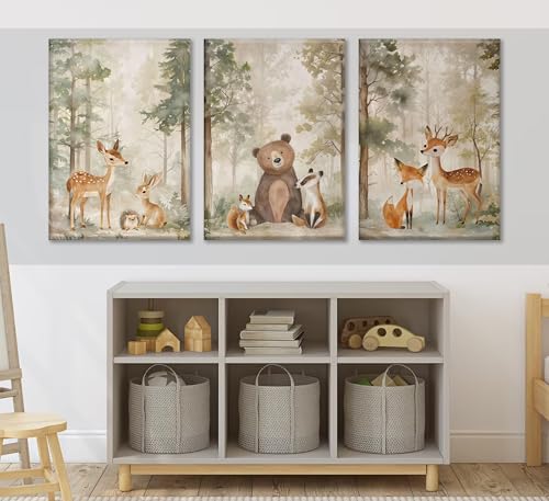 MIZILI 3Pcs Woodland Animal Nursery Canvas wall art Wild Animals Forest Paintings Pictures Wall Decor Fox Bear Deer Watercolor Poster Printing Artwork for Boys Room Girls Room Home Decoration - color: Woodland-canvas, size: 16"L x 12"W