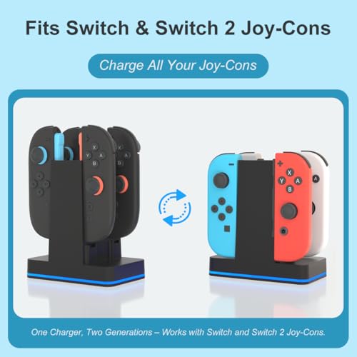 PURBHE Switch 2 JoyCon Charging Dock for Nintendo Switch Controller Charger, Accessories for Nintendo 1/2 Charging Station with RGB Light - 4 in 1 Charge Switch 2 with 60cm USB- C Power Cord - size: 60cm