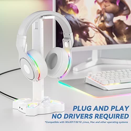 KDD Gaming Headphones Stand, Rotatable Headset Stand with Light Modes - Controller Holder with 2 USB Charging Ports and 3.5mm - Earphone Hanger Accessories for Desktop Gamer(White) - color: White