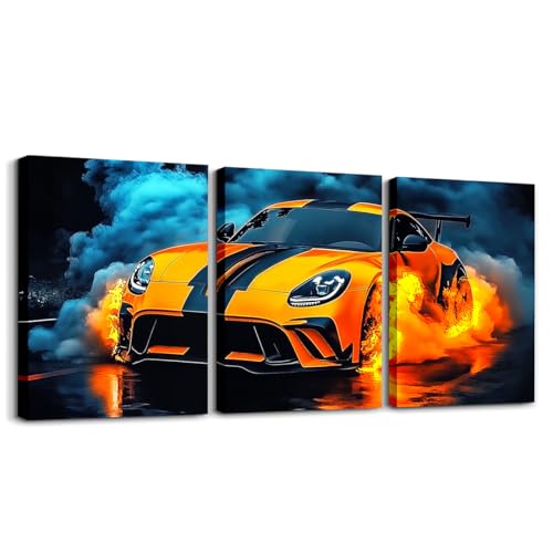 Erosebridal Kids Boys Race Car Canvas Wall Art Set of 3,Orange Sports Car Wall Art for Teens Racing Cars Cool Sports Game Decor Modern Race Cars for Boys,Black Blue,12x16 - color: Blue Orange