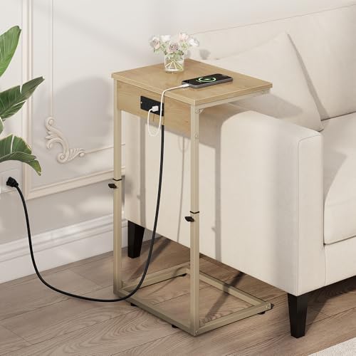 Vagusicc C Shaped End Table with Charging Station, Adjustable Height Side Table for Couch, Small Side Table, 33.2'' Tall Couch Tables that Slide Under, Tv Tray End Table for Living Room, Natural - color: Natural (1 Pack), style: With Plug