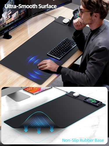 Mouse Pad with Magnetic Wireless Charger & Adjustable Phone Stand, 31.5"x15.8" Extended Desk Mat, Waterproof Ultra-Smooth Keyboard Pad, Non-Slip Base, Black - color: Black-31.5"x15.8"-Magnetic Stand-Right