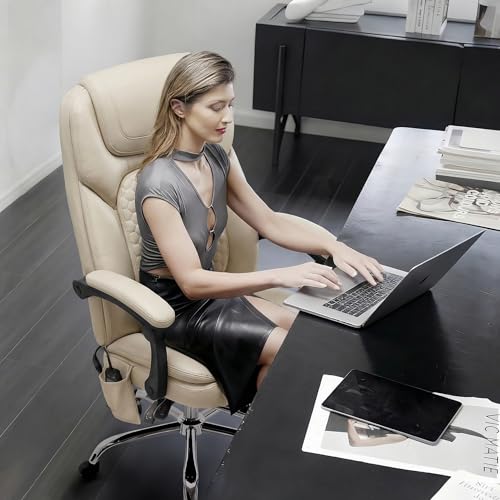 MALOL Massage Office Chair Set of 2 with 3-Level Heat and Footrest – 20-Min Easy Assembly, 300 lbs Big and Tall Desk Chair, PU Leather Ergonomic Executive Computer Chair with Side Pocket, Beige - color: Beige, size: Set of 2, style: Modern