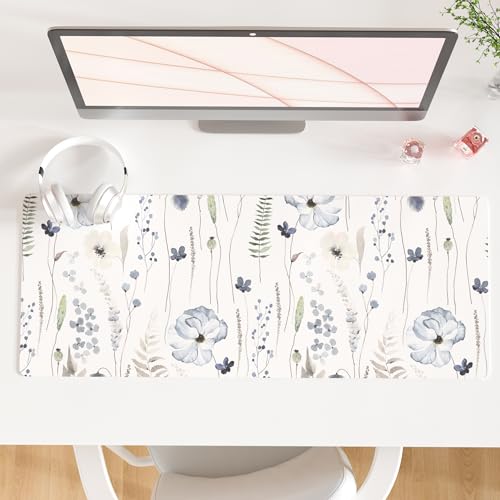 QiyI Large Mouse Pad for Desk, Floral Desk Mat for Desktop, Women Girls Office Décor Desk Accessories, PU Leather Waterproof Gaming Mousepad, Watercolor Flowers Desk Pad Computer Mat, 31.5" x 11.8" - color: Blue Poppies, size: 31.5" x 11.8"