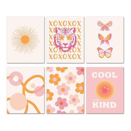 Isfvqyub Preppy Pink And Orange Wall Art, Aesthetic Cute Butterfly Girly Poster For Girl Boy, Trendy Colorful Wall Decor For Bedroom Dorm College Apartment Office, Set Of 6 -A02 - size: Butterfly