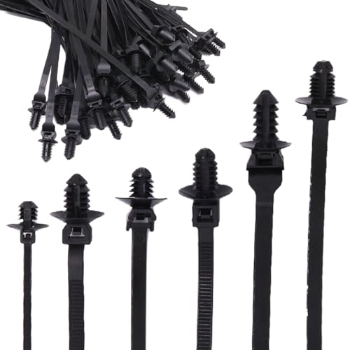 60PCS Nylon Push Mount Zip Ties, Heavy Duty Cable Tie Black Wire Tie with Push Pin Fir Tree Zipties Self Locking Design for Indoor and Outdoor (6 Types) - size: 6 Types (60Pcs)