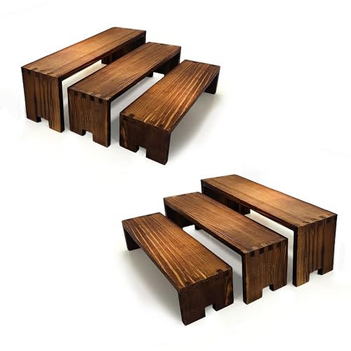 Yikaroeli 2 Set Wood Display Risers Small Wooden Stand for Display Cupcake Stands 9.4"-7.8" Graduated Sizes 3 Tiered 6Pcs Dessert Display Stands for Vendor Events (Brown)