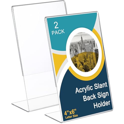 Sanwuta 2 Pcs 4 x 6 Inch Acrylic Sign Holder, Slant Sign Display Stand, Transparent Flyer Holder Frame Plastic Document Display for Workers Teachers Office Home Menu Desktop - size: 4 x 6 Inch