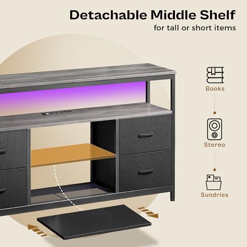 Huuger TV Stand Dresser with Power Outlets and LED Lights, 4 Drawers Entertainment Center with Shelves, 54in Media Console for 55 60 Inch TV, Dresser with PU Finish, Grey and Black - color: Grey and Black, size: 54 Inches