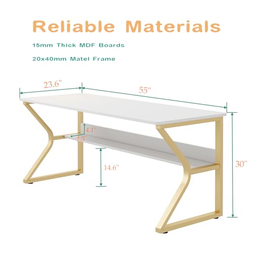 OSCHF Double Long Desk with Bookshelf - 55" Extra Long Writing Table for 2-Person Workstation, Modern Study Work Computer Desk for Home and Office, Gold - color: Gold + White, size: 55x23.6 inch