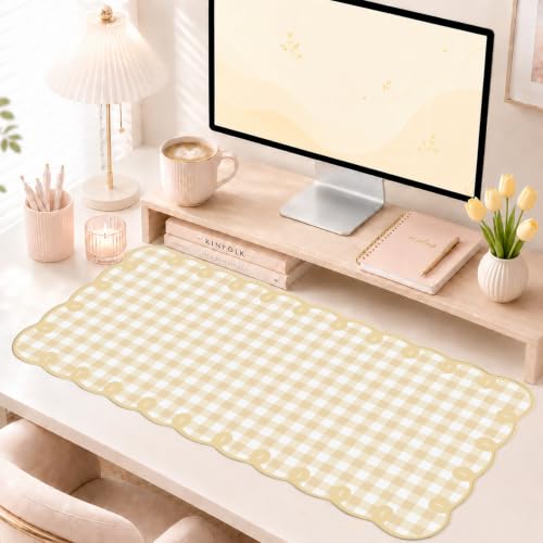 Cute Yellow Scalloped Desk Mat Gingham Checkered Large Mouse Pad Kawaii Vintage Farmhouse-Inspired Cottagecore Office Desk Decor Stitched Nonslip Pad for Computer Keyboard & Mouse 31 * 15.7in - color: A1- Yellow