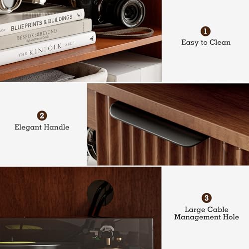 LCRBOL TV Stand for up to 65" TV, Mid-Century Entertainment Center, Walnut | 63"W x 15.4"D x 25"H, 2 fluted cabinets, 1 drawer & open shelves, matte walnut top, top holds 180 lbs, ~90 min assembly - color: Brown & Black