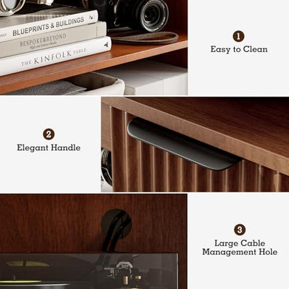 LCRBOL TV Stand for up to 65" TV, Mid-Century Entertainment Center, Walnut | 63"W x 15.4"D x 25"H, 2 fluted cabinets, 1 drawer & open shelves, matte walnut top, top holds 180 lbs, ~90 min assembly - color: Brown & Black