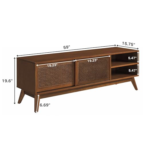 LKTART Mid Century Modern Rattan TV Stand for 65 Inch TV,59" Boho Media Console with Sliding Doors & Open Shelves,Solid Wood Legs for Living Room,Light Walnut - color: 59" Light Walnut