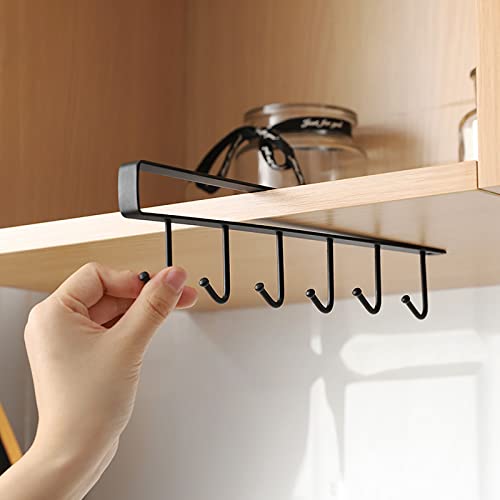 Kitchen Hook Holder Under Cupboard, Under Cabinet Utensils Hanging Hooks Rack, Drilling Free Cabinet Door Hanging Hook Rack,6 Hooks Kitchen Storage Utensil Organizer Hook Rack,2 Pack (Black) - color: Black 2pcs