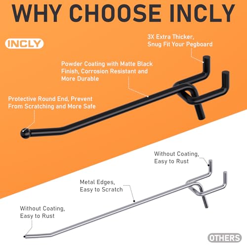INCLY 36 Pack 4/6/8 Inch Black Pegboard Hooks, 1/4" Heavy Duty Peg Board Shelving Hooks Accessories, Peg Board Tool Hangers Fit 1/4" Pegboard for Organizing Garage, Craft Room, Kitchen, Store - size: 36PCS