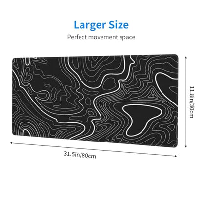 Black Topographic Contour Extended Big Mouse Pad Large,Gaming Mouse Pad Desk Pad,31.5x11.8x0.12 Inch Long Computer Keyboard Mouse Mat Mousepad Non-Slip Base and Stitched Edge for Gaming and Office - color: BlackTopographic Contour, size: 31.5Lx11.8W inche