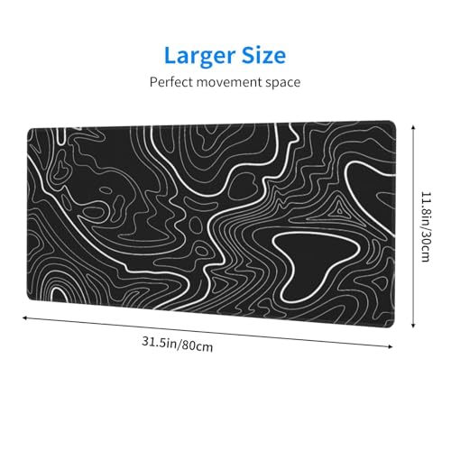 Black Topographic Contour Extended Big Mouse Pad Large,Gaming Mouse Pad Desk Pad,31.5x11.8x0.12 Inch Long Computer Keyboard Mouse Mat Mousepad Non-Slip Base and Stitched Edge for Gaming and Office - color: BlackTopographic Contour, size: 31.5Lx11.8W inche