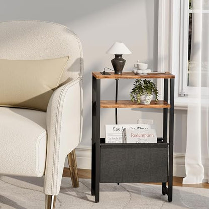 Narrow Side Table with Charging Station Slim End Table Sofa with Magazine Rack, Bedside Table for Small Spaces, 3 Tier Nightstand for Living Room Couch, Bedroom Rustic Brown LET503RE - color: Rustic Brown, style: With Charging Station