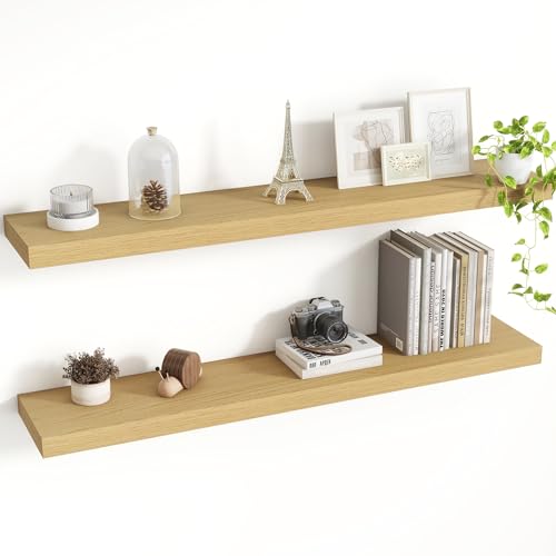 Acovy 40 Inch Floating Shelves, 8 Inch Deep Floating Shelves for Wall, Hanging Shelf with Invisible Brackets, Deep Shelves for Bathroom, Bedroom, Living Room, Oak, Set of 2 - color: Oak, size: 8"Wx40"L-2pcs