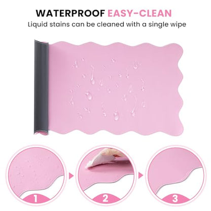 PU Leather Desk Pad, Scalloped Non-Slip Mouse Pad & Large Desk Mat Cover Stitched Edges Writing Pad for Office, Home - Waterproof, Easy to Clean, Durable Surface I 31.4"x15.7", Pink - color: Pink