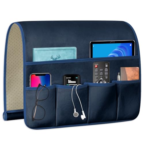TV Remote Control Holder Couch Caddy, Non-slip Bedside Caddy Organizer with 5 Pockets for Key Glasses Phone Magazine Holders - color: Blue-A, size: 35"x18"
