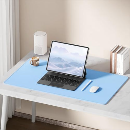 Hsurbtra Desk Pad, 32" x 16" Premium-Textured Desk Mat, Stitched Edge Anti-Slip Waterproof Rubber Mouse Pad, L Extended Computer Mat for Office Gaming Laptop Keyboard Sky Blue