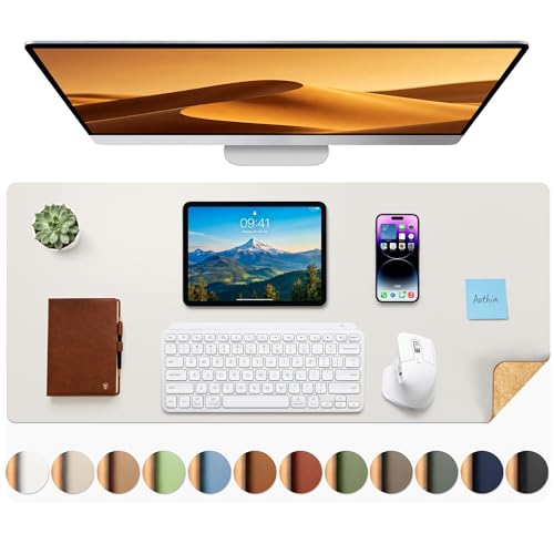 Aothia Dual-Sided Desk Mat - Leather & Cork Desk Protector, Large Mouse Pad & Writing Pad, Waterproof, Off-White (35.4" x 15.7") - color: Off-white+cork, size: 35.4" x 15.7"