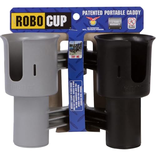 ROBOCUP, (Black&Gray), Patented Clamp On Boat Cup Holder | Multifunction Dual Drink Caddy for Fishing Poles, Tools, Net, Gaff | Portable Storage for Boating, Beach, Umbrellas, Golf Carts, Strollers - color: Black & Gray, size: Standard Spring