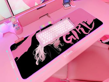 JMIYAV Pink RGB Gaming Mouse Pad 31.5x12 Inch PC XL Large Extended Glowing Led Light Up Desk Pad Non-Slip Rubber Base Computer Cute Mousepad Mat Desk Accessories Gaming Setup Dream Girl - color: Dream Girl