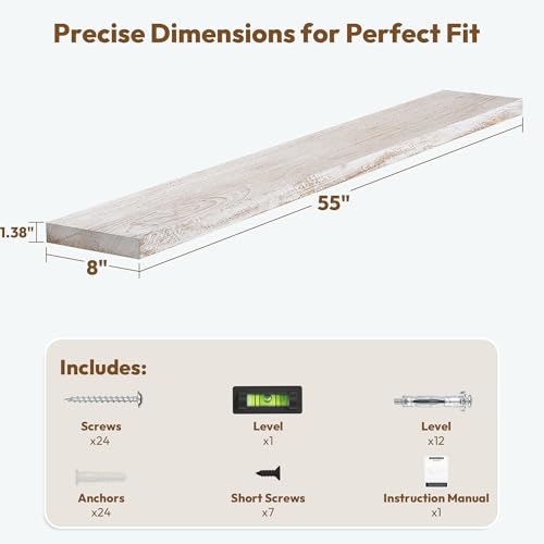 Flat Edge Elm Wood Floating Shelf with Invisible Bracket 55”Weathered White - color: Weathered White, size: 55”,set of 1