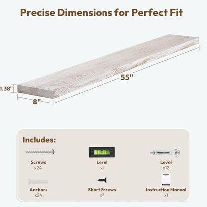 Flat Edge Elm Wood Floating Shelf with Invisible Bracket 55”Weathered White - color: Weathered White, size: 55”,set of 1